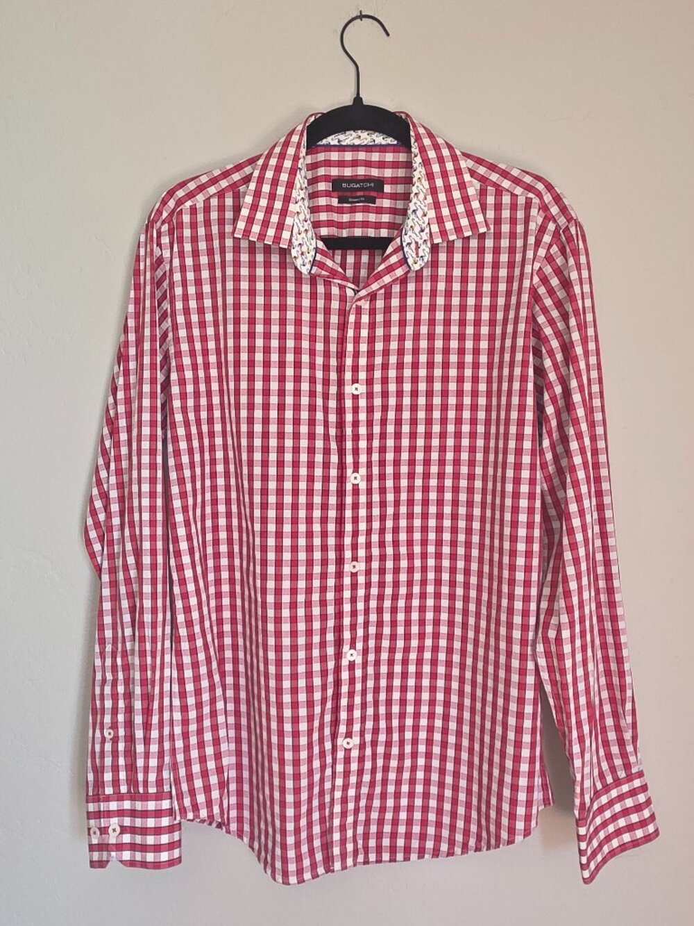 Bugatchi Red Gingham Button Down Shirt Flamingo Trim Shaped Fit Mens M
